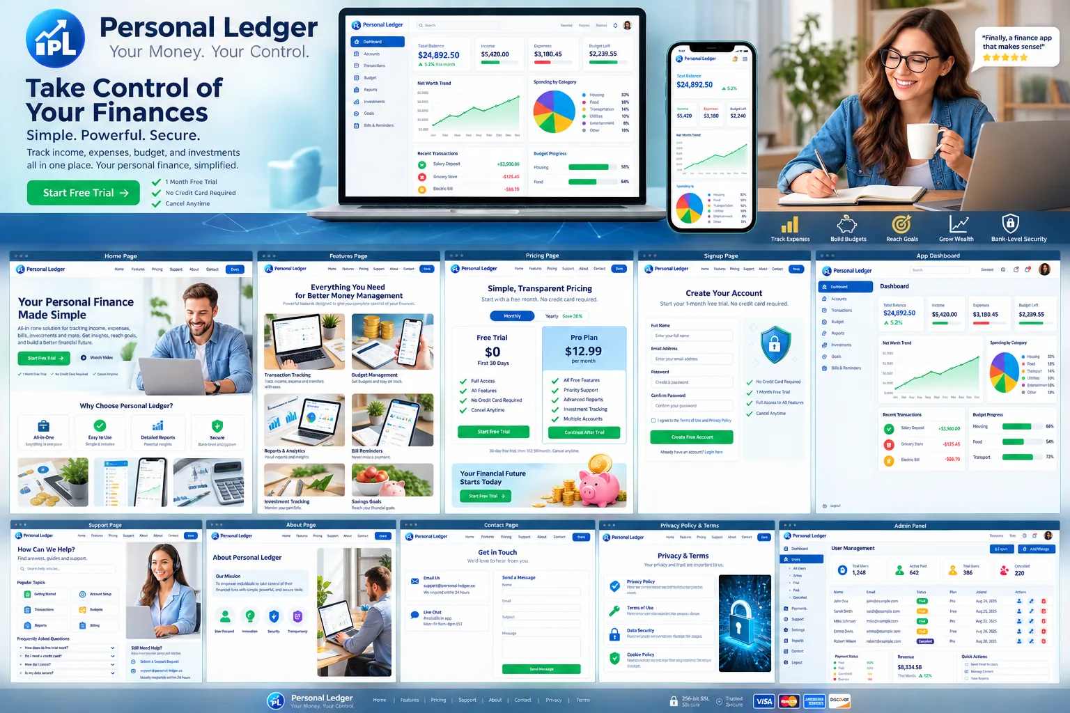 Personal Ledger website, dashboard, support and admin concept showcase