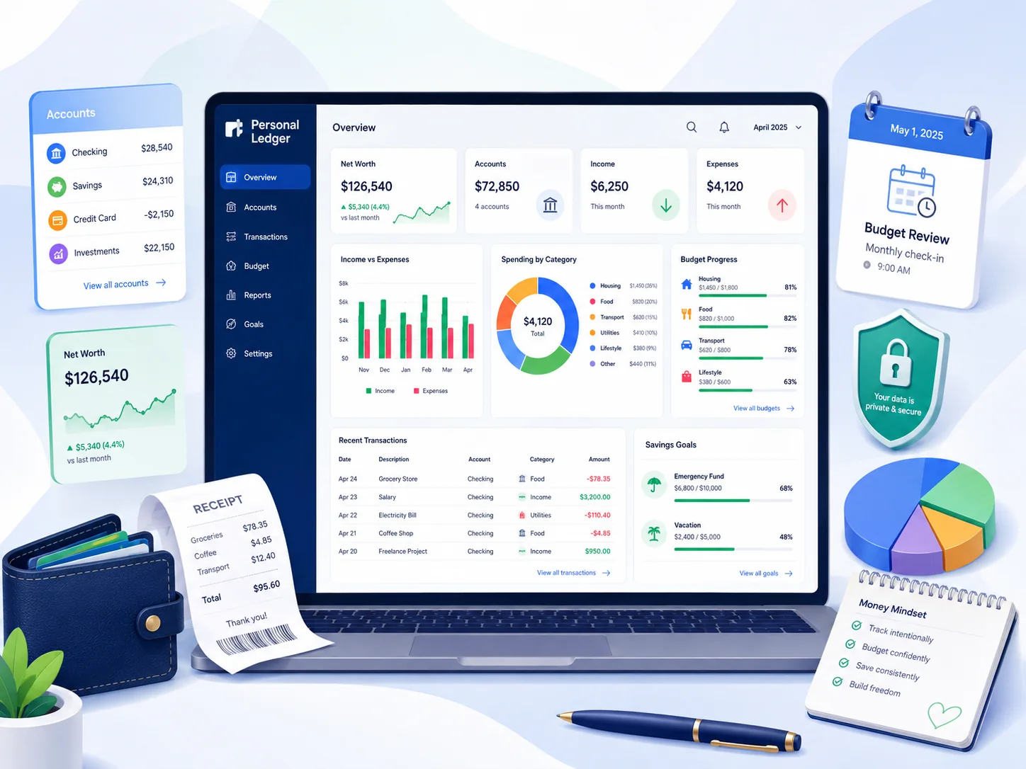 Personal Ledger dashboard concept showing accounts, income, expenses, budgets and savings goals
