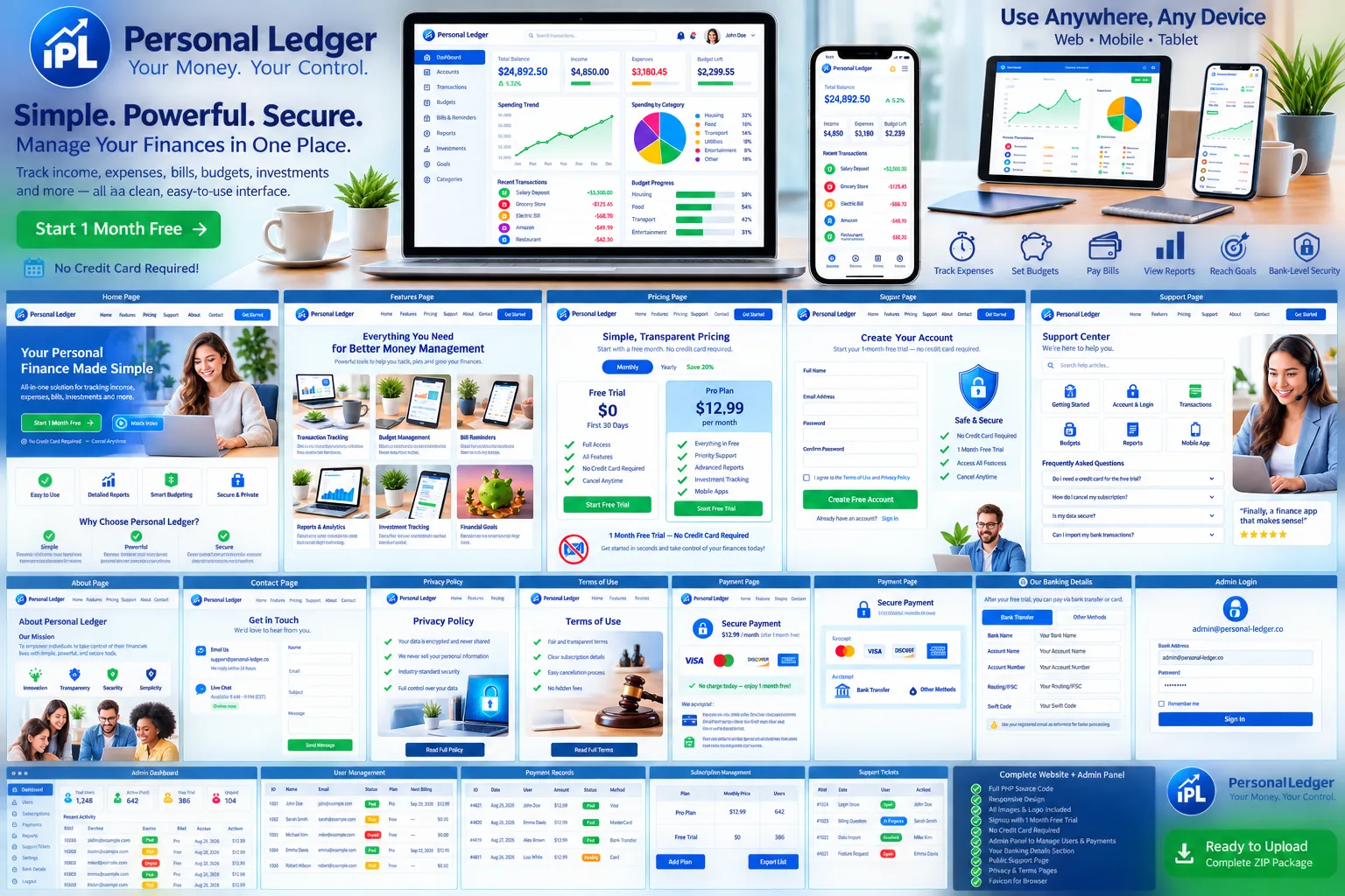 Broad Personal Ledger product, public website and administration concept collage